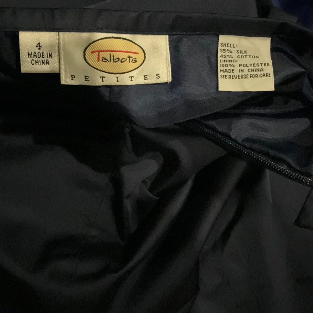 Talbots Petites Navy Blue Brocade Jacquard Collarless Long Jacket Coat Pant Suit - Picture 8 of 10